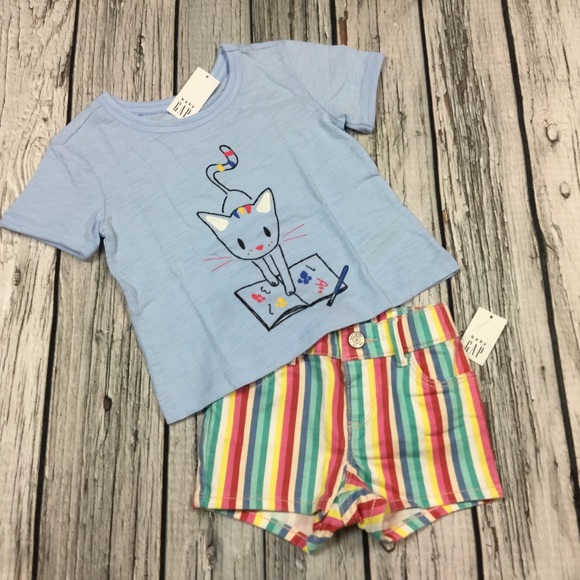 GAP Other - Gap Girls 18 24 Months Kitten Shirt & Rainbow Denim Shorts Outfit